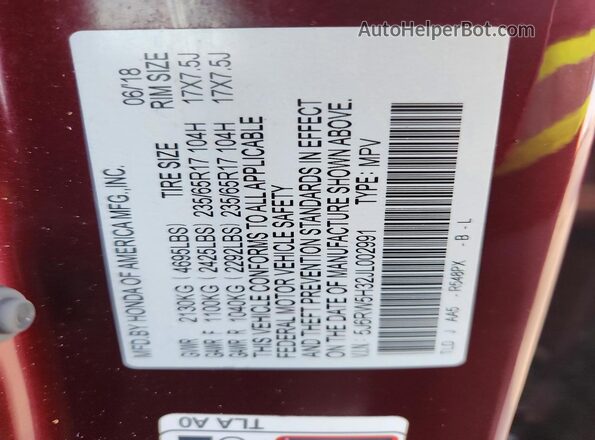 5J6RW5H32JL002991 2018 HONDA CRV Красный 