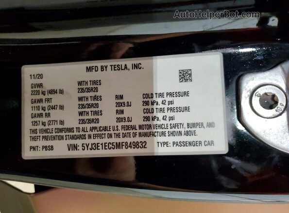 5YJ3E1EC5MF849832 2021 TESLA MODEL Двухцветный 