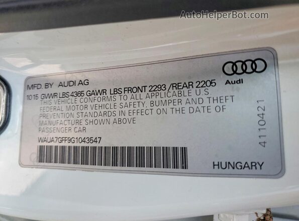 WAUA7GFF9G1043547 2016 AUDI A3 Белый 