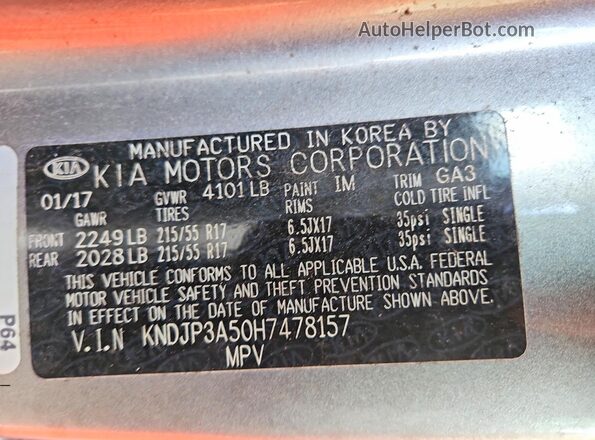 KNDJP3A50H7478157 2017 KIA SOUL Зеленый Вид наклейки с VIN-кодом