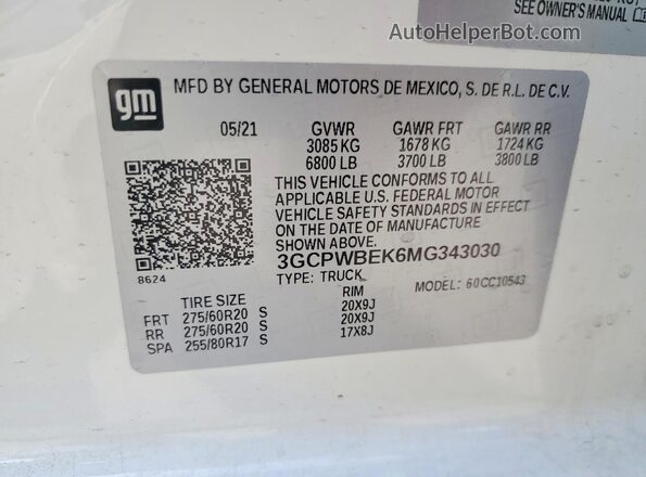 3GCPWBEK6MG343030 2021 CHEVROLET SILVERADO White 
