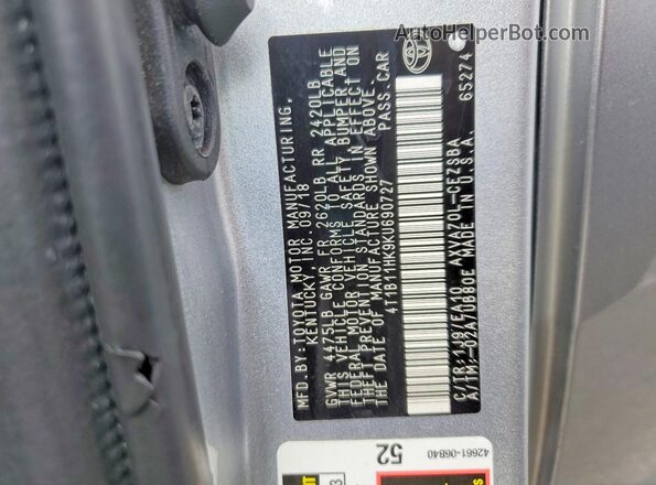4T1B11HK9KU690727 2019 TOYOTA CAMRY Silver VIN კოდის სტიკერის ხედი