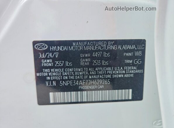 5NPE34AF7JH629265 2018 HYUNDAI SONATA White VIN sticker view
