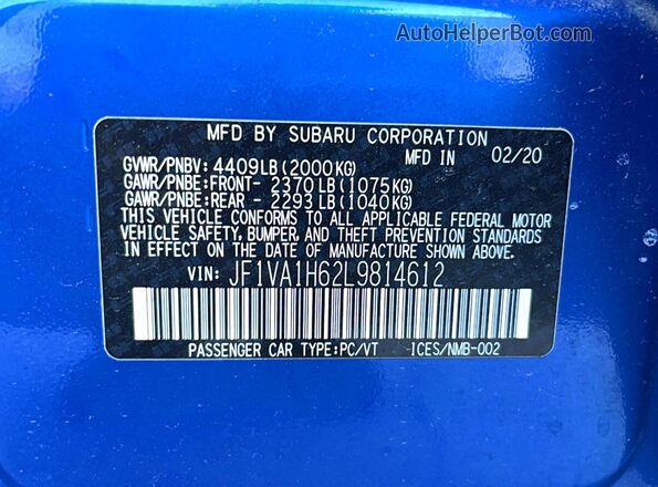 JF1VA1H62L9814612 2020 SUBARU WRX Blue Սալոնի հետևի տեսք