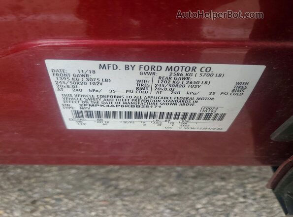 2FMPK4AP6KBB28171 2019 FORD EDGE Красный Панорамный вид салона 360°