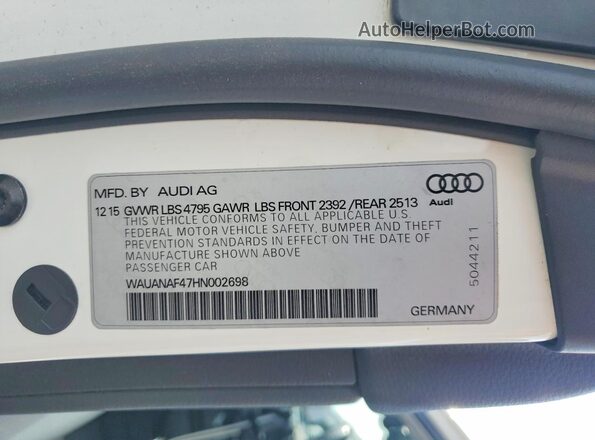 WAUANAF47HN002698 2017 AUDI A4 White VIN sticker view