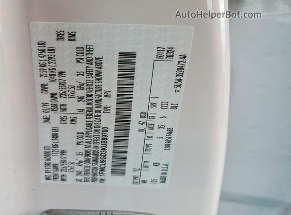 1FMCU9GD3KUB99700 2019 FORD ESCAPE White 