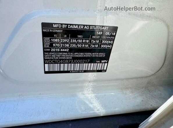 WDCTG4GB7JU000217 2018 MERCEDES-BENZ GLA-CLASS White Widok komory silnika