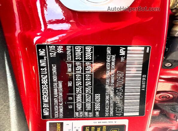 4JGDA5HB4GA700587 2016 MERCEDES-BENZ GLE Red 
