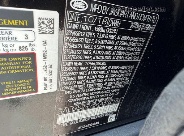 SALGS2SV6KA532162 2019 LAND ROVER RANGE Black Սալոնի հետևի տեսք
