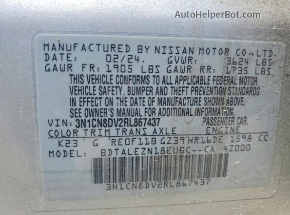 3N1CN8DV2RL867437 2024 NISSAN VERSA Silver Widok naklejki z numerem VIN