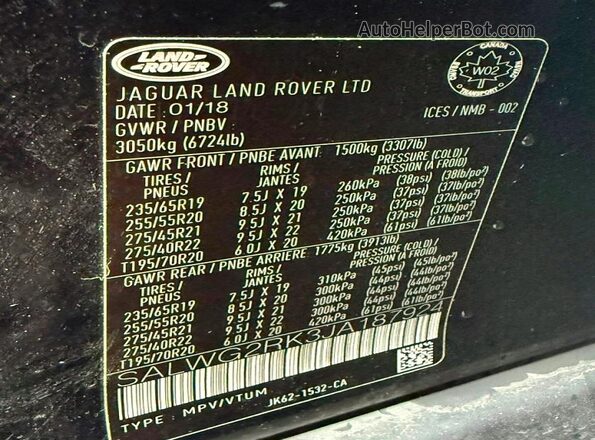 SALWG2RK3JA187924 2018 LAND ROVER RANGE Black 