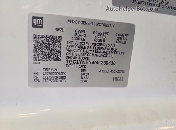 1GC1YNEY4MF289430 2021 CHEVROLET SILVERADO White 