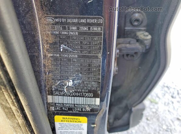 SALVP2BGXHH170699 2017 LAND ROVER RANGE Blue 