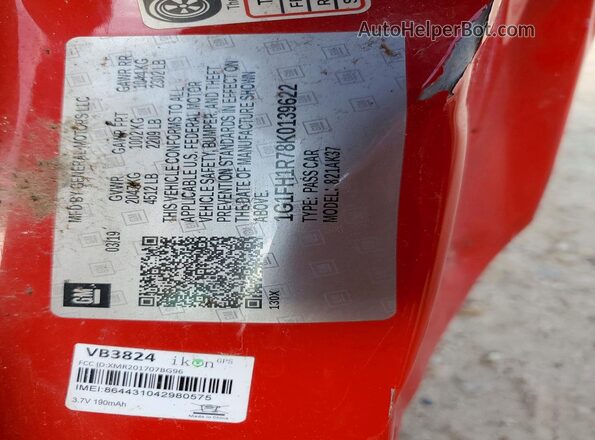 1G1FH1R78K0139622 2019 CHEVROLET CAMARO Red VIN კოდის სტიკერის ხედი