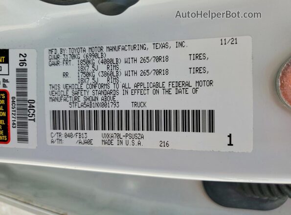 5TFLA5AB1NX001793 2022 TOYOTA TUNDRA White Вид наклейки з VIN-кодом