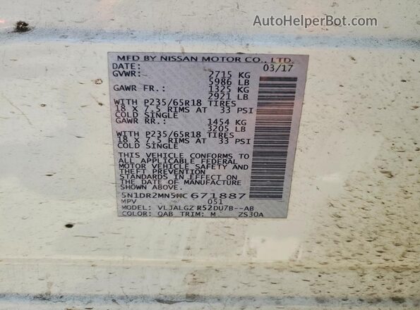 5N1DR2MN5HC671887 2017 NISSAN PATHFINDER White Widok naklejki z numerem VIN