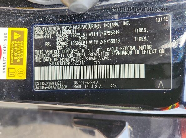 5TDJZRFH9KS622317 2019 TOYOTA HIGHLANDER Black 