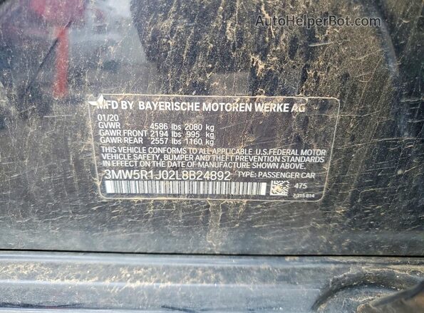 3MW5R1J02L8B24892 2020 BMW 3 SERIES Black Widok naklejki z numerem VIN