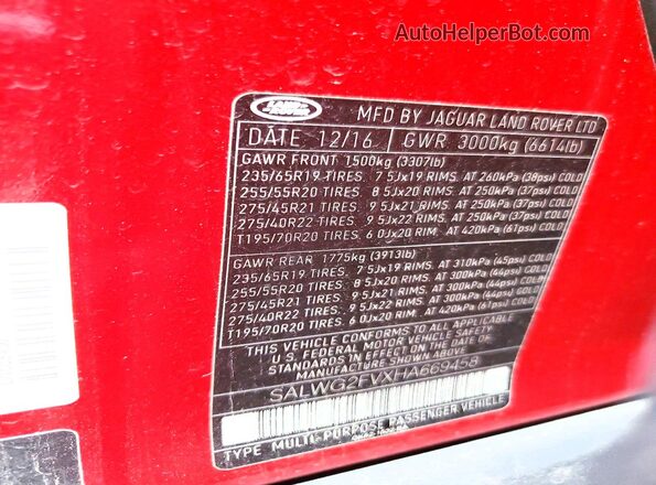 SALWG2FVXHA669458 2017 LAND ROVER RANGE Red Vista de la etiqueta del VIN