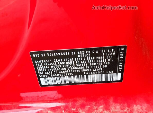 3VW6T7AU5MM002435 2021 VOLKSWAGEN GTI Red VIN კოდის სტიკერის ხედი