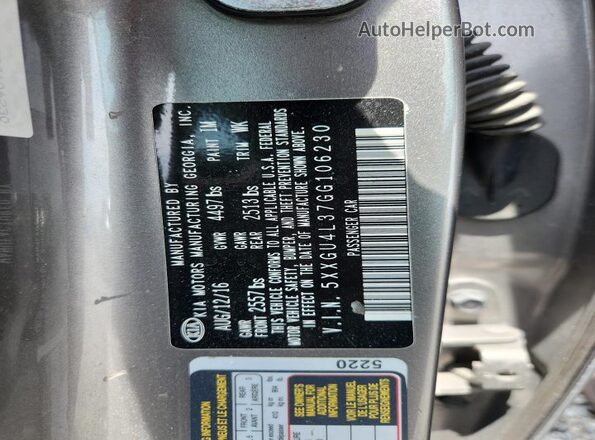 5XXGU4L37GG106230 2016 KIA OPTIMA Gray 
