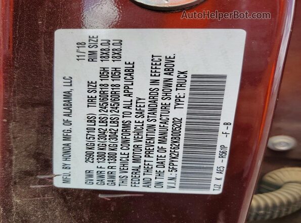 5FPYK2F62KB005202 2019 HONDA RIDGELINE Maroon VIN կոդի պիտակի տեսք