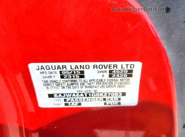 SAJWA6AT1G8K27083 2016 JAGUAR F-TYPE Red Vista de la etiqueta del VIN