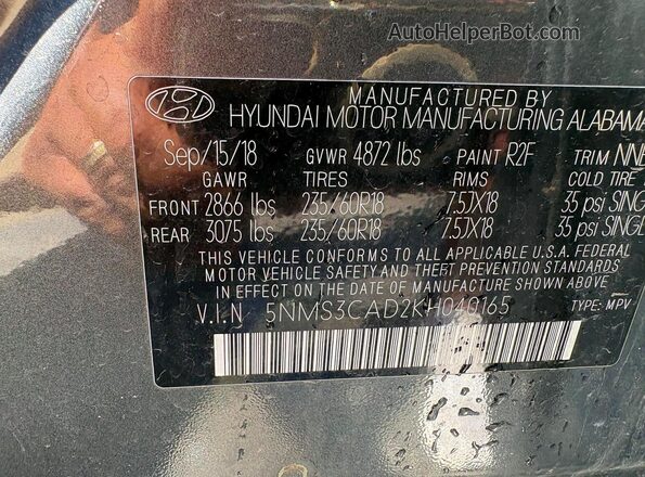 5NMS3CAD2KH040165 2019 HYUNDAI SANTA Gray Vista interior trasera