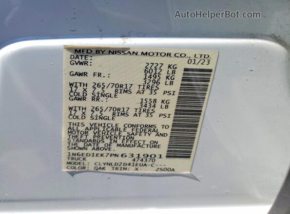 1N6ED1EK7PN631901 2023 NISSAN FRONTIER White Vista de la etiqueta del VIN
