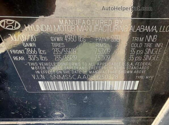 5NMS5CAA0LH250328 2020 HYUNDAI SANTA FE Black Вид підкапотного простору