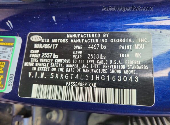 5XXGT4L31HG163043 2017 KIA OPTIMA Blue VIN კოდის სტიკერის ხედი