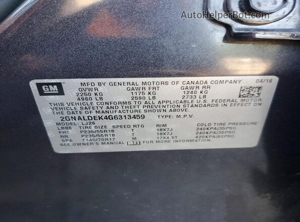 2GNALDEK4G6313459 2016 CHEVROLET EQUINOX Gray Панорамний вид салону 360°