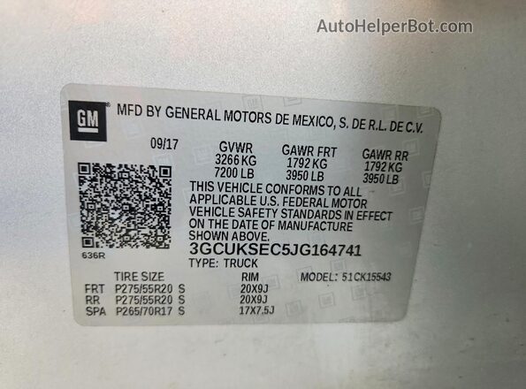 3GCUKSEC5JG164741 2018 CHEVROLET SILVERADO Silver VIN կոդի պիտակի տեսք