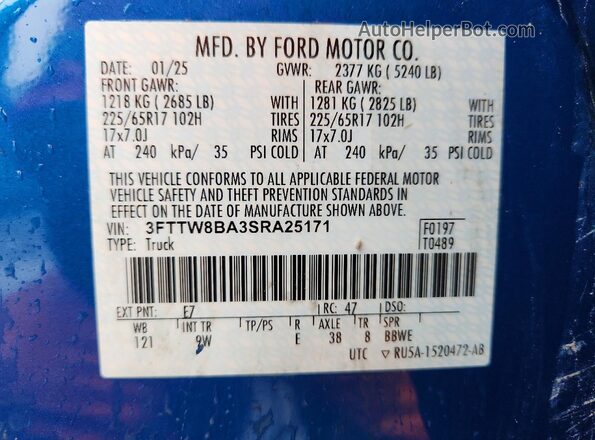 3FTTW8BA3SRA25171 2025 FORD MAVERICK Синий Панорамный вид салона 360°