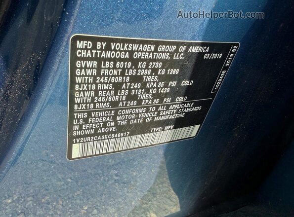 1V2UR2CA3KC548517 2019 VOLKSWAGEN ATLAS Blue Vista interior trasera