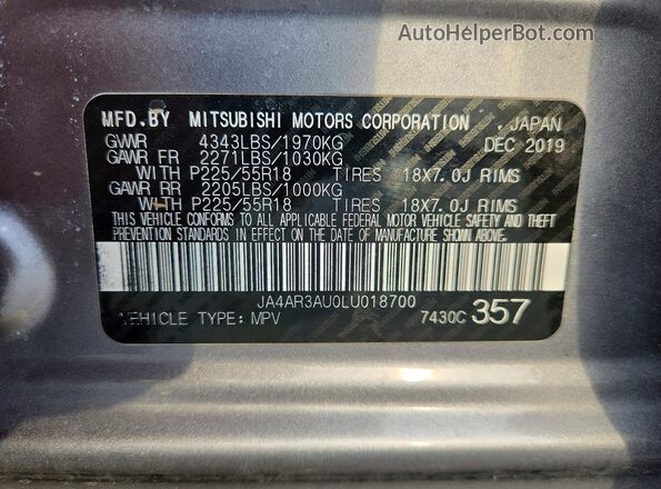 JA4AR3AU0LU018700 2020 MITSUBISHI OUTLANDER Gray Вид наклейки з VIN-кодом