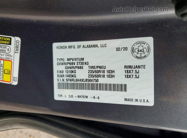 5FNRL6H4XLB504750 2020 HONDA ODYSSEY Gray VIN կոդի պիտակի տեսք