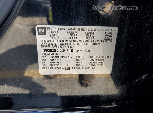 3GCUKSEC1GG313199 2016 CHEVROLET SILVERADO Black VIN კოდის სტიკერის ხედი
