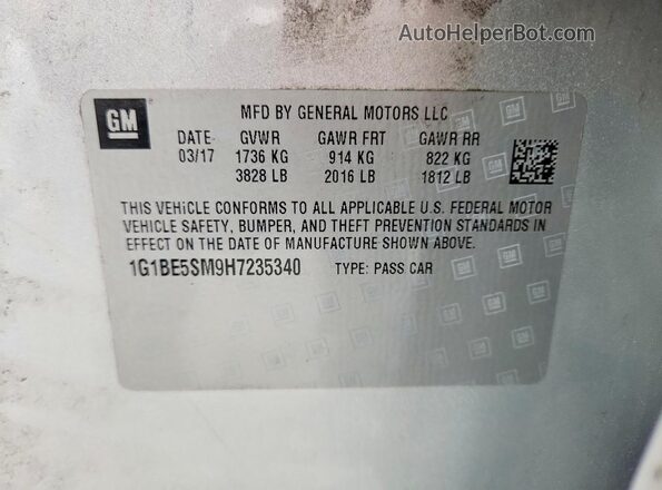 1G1BE5SM9H7235340 2017 CHEVROLET CRUZE Silver VIN კოდის სტიკერის ხედი