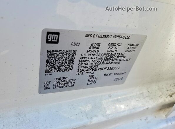 1GC4YVEY9PF216779 2023 CHEVROLET SILVERADO White VIN კოდის სტიკერის ხედი