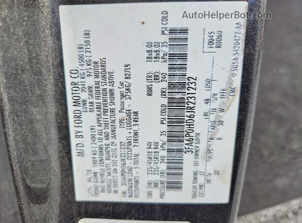 3FA6P0HD6JR231232 2018 FORD FUSION Black VIN կոդի պիտակի տեսք
