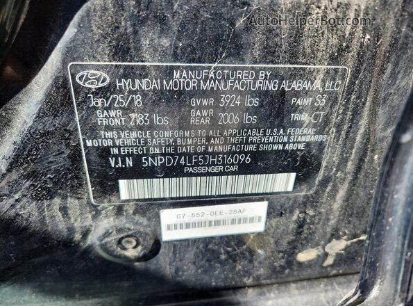 5NPD74LF5JH316096 2018 HYUNDAI ELANTRA Black 