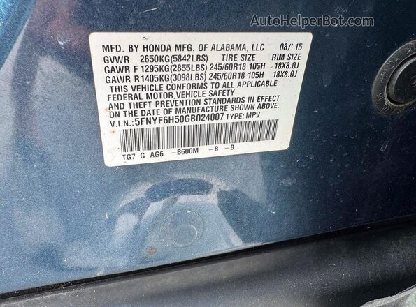 5FNYF6H50GB024007 2016 HONDA PILOT Blue 
