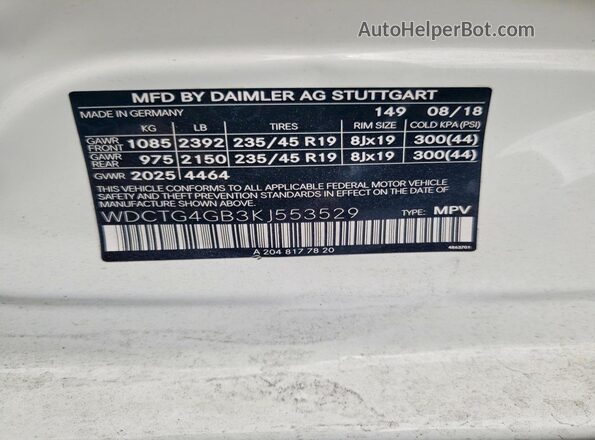 WDCTG4GB3KJ553529 2019 MERCEDES-BENZ GLA White 