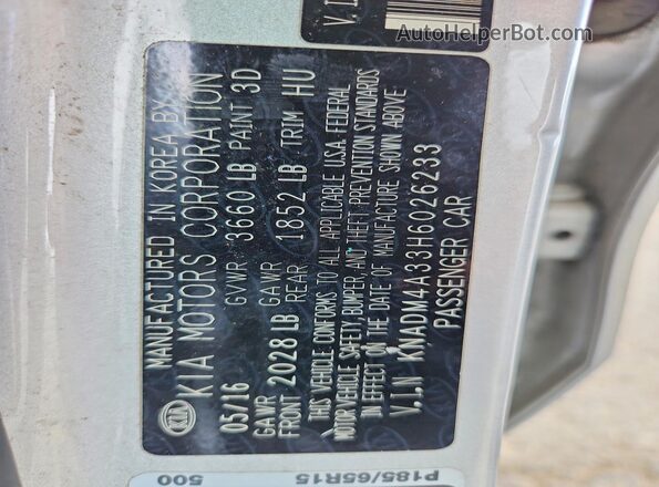 KNADM4A33H6026233 2017 KIA RIO Silver Vista de la etiqueta del VIN
