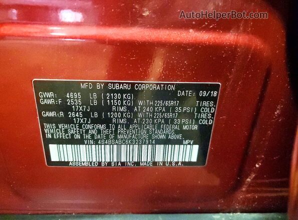 4S4BSABC6K3237914 2019 SUBARU OUTBACK Red 360 interior view