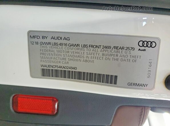 WAUENCF54KA024940 2019 AUDI A5 White 