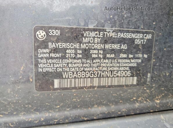 WBA8B9G37HNU54906 2017 BMW 3 SERIES Серый Вид наклейки с VIN-кодом