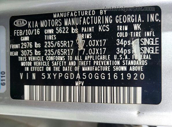 5XYPGDA50GG161920 2016 KIA SORENTO Silver 
